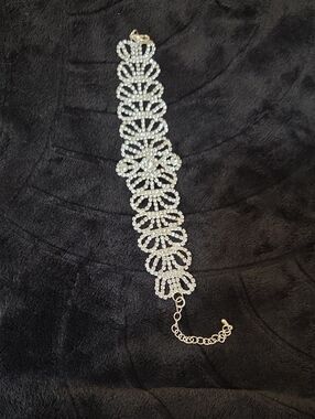 Crystal Statement Bracelet - Silver Rhinestone Lace Design